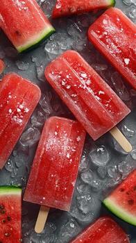 Close up of watermelon popsicles with ice cubes on a dark surface creating a refreshing treat photo