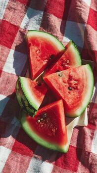 Slices of fresh watermelon arranged on a red and white checkered picnic blanket in the sunshine photo