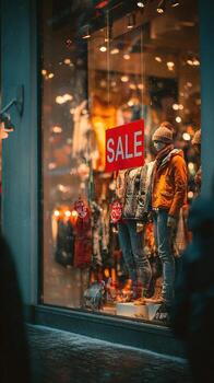 Window display with mannequins and a red sign that says sale in a store front on a street view photo