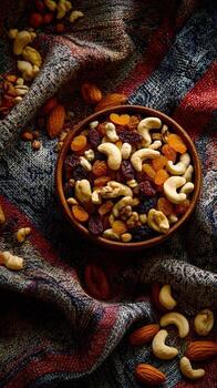 Overhead view of a wooden bowl filled with mixed nuts and dried fruit on a textured fabric surface photo