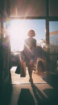 A woman exits a store with shopping bags on a sunny day with bright light and shadows cast on the floor photo