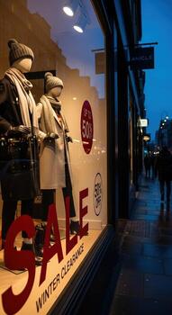 Mannequins in a store window display with a winter clearance fifty percent off sale sign showing photo