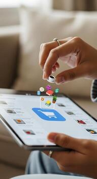 persona agregando un café taza a un digital compras carro en un tableta con varios otro artículos alrededor eso foto