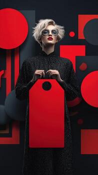 A woman with sunglasses and a red tag stands against a geometric background in a studio setting photo