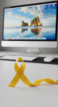 A yellow ribbon on a white desk with a computer and keyboard in the background with a beach scene photo