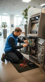 Man kneeling repairing an atm machine with tools on a mat in a bank with plants nearby photo