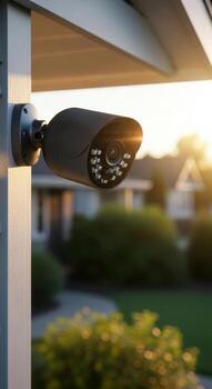 A security camera mounted on a white post with a house and foliage in the background light shining on it photo