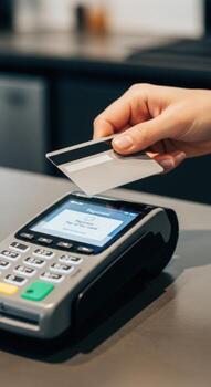 Hand holding a blank payment card above a pos terminal ready to make a purchase transaction photo