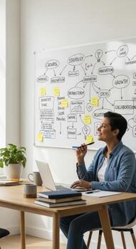 Woman at desk with laptop looking at whiteboard with strategy and innovation diagrams and sticky notes photo