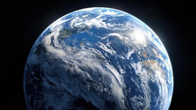 A realistic rendering of planet showing oceans, landmasses, and cloud cover against dark space photo