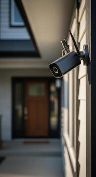 A security camera mounted on a wall outside a house providing surveillance for the property owner photo
