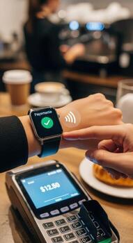 Person using smartwatch for payment at a terminal in a cafe with coffee and pastry visible photo