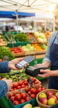 Person using mobile payment at a farmers market with produce and a vendor standing nearby smiling photo
