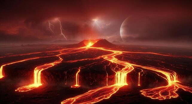 Volcanic eruption with lava flows under a stormy sky and a large planet in the distance photo