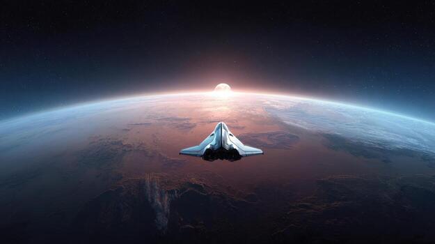 A spacecraft flying over a planet with a bright light on the horizon in outer space photo