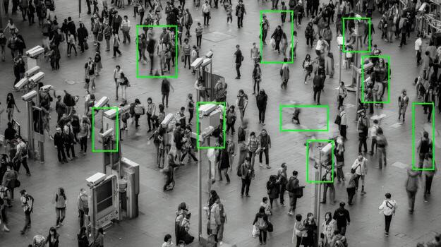 Aerial view of a crowd of individuals with green bounding boxes in black and white setting inside a station photo