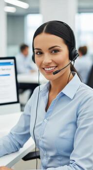 A smiling woman with a headset working at a computer in a bright office environment setting photo