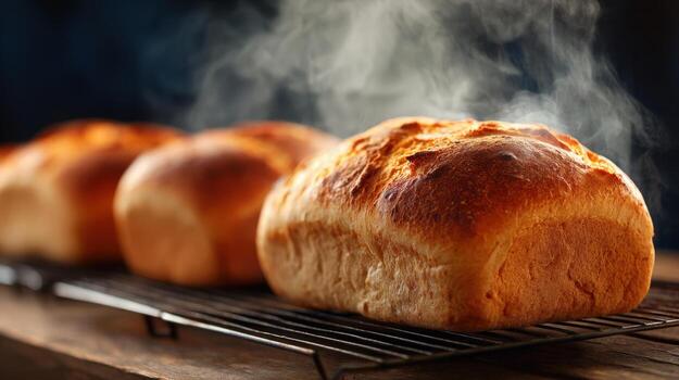 Freshly baked bread loaves cooling on a wire rack with steam rising into the air in a dark setting photo