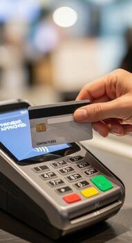 Person using contactless payment with a card on a pos terminal for a transaction in a store photo