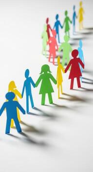 A row of colorful paper cut out people holding hands on a white background in a studio setting photo