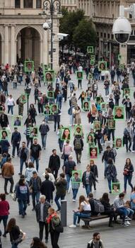 Crowded city street with surveillance cameras and face detection technology in operation on many people photo