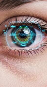 A close up of a human eye with digital interface overlay displaying data and graphical elements photo