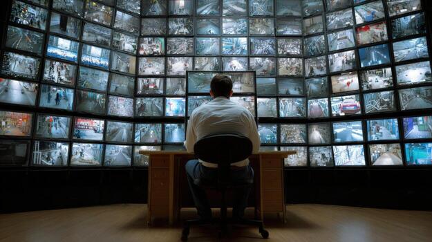 Man sits before a wall of monitors displaying various surveillance camera feeds in a dark room photo