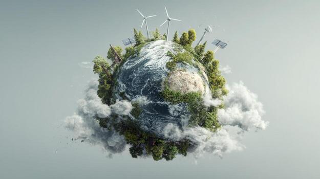 A stylized earth globe with trees windmills and solar panels surrounded by clouds in the sky photo