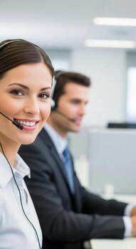 Smiling woman with headset and man in suit working in an office environment together at work photo