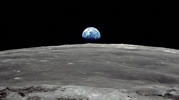 A view of planet from the lunar surface with craters and a dark sky above the horizon line in the distance photo