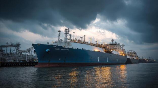 A large tanker ship docked at a port under a dramatic cloudy sky at dusk or dawn with water reflection photo