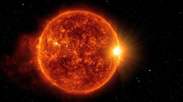 A fiery celestial body shines brightly against a dark backdrop in space, with a solar flare visible photo