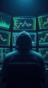 Person in a hoodie facing multiple computer screens displaying financial data and line graphs analysis photo