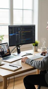 Person working at a desk with computer monitor, laptop, notebook, and a cup of hot beverage photo