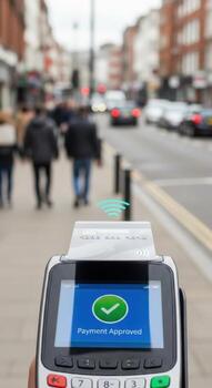 Approved contactless payment on a pos terminal with a street scene in the background showing cars photo