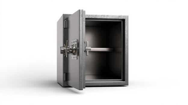 A metal safe with its door open revealing an empty interior on a clean white background studio shot photo
