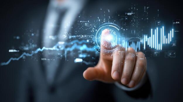 Man in suit interacting with digital interface showing graphs and data on a futuristic display photo