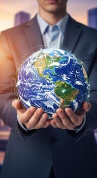 un hombre en un traje participación un globo con digital conexiones en su manos en contra un ciudad fondo foto