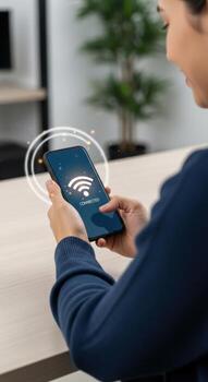 Woman holding smartphone with wifi symbol and connected text on the screen in an indoor setting photo