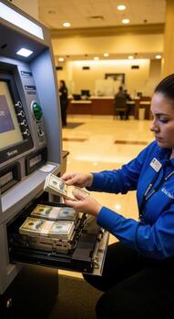 Woman loading stacks of cash into an atm machine inside of a bank with customers in the background photo