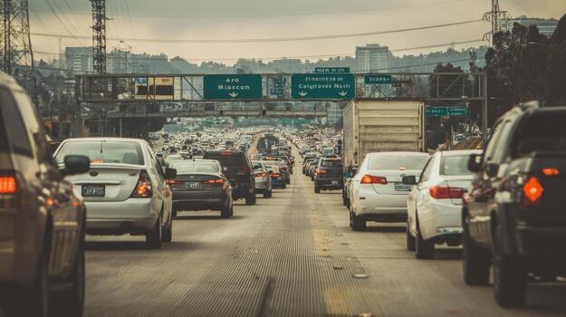 Traffic congestion on a busy highway during daytime with multiple lanes filled with vehicles photo
