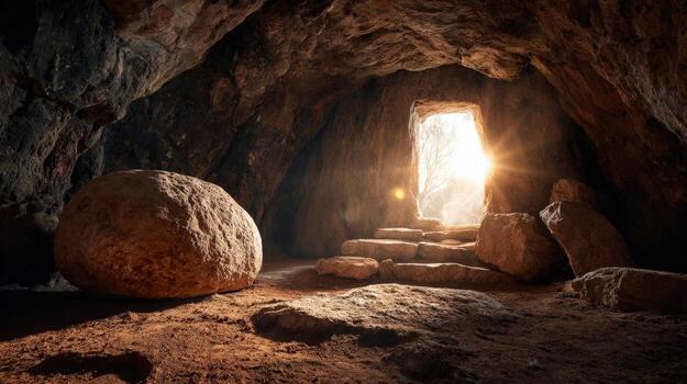View of a stone cave with a large boulder and a bright light at the exit of the cave passage photo
