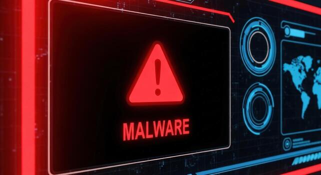 A screen displaying a red triangle alert with the word malware on a high tech interface system photo