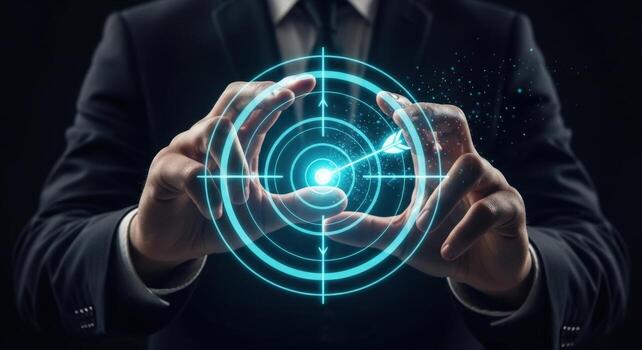 Man in suit holding a glowing target with an arrow in the center in a dark studio setting photo