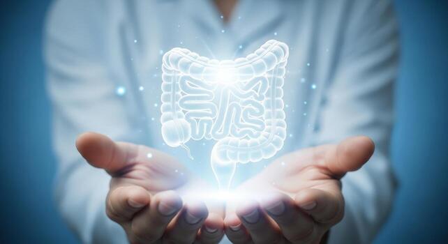 Human hands presenting a glowing digestive system with a blue background in a medical setting photo