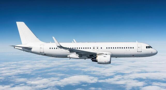 A white passenger airplane flying high above a layer of fluffy clouds under a clear blue sky view from side photo