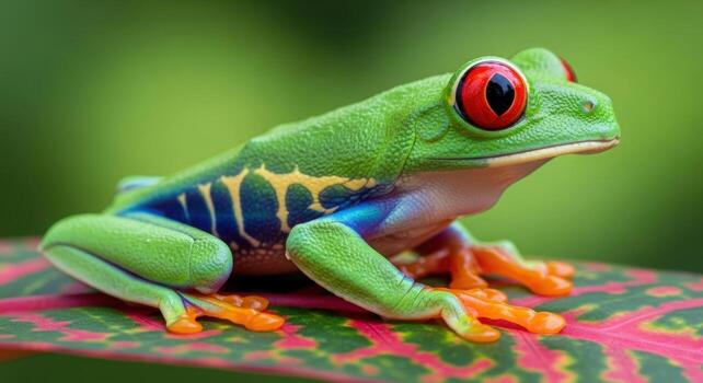 A vibrant tree amphibian with striking red eyes perched atop a patterned leaf in lush greenery photo