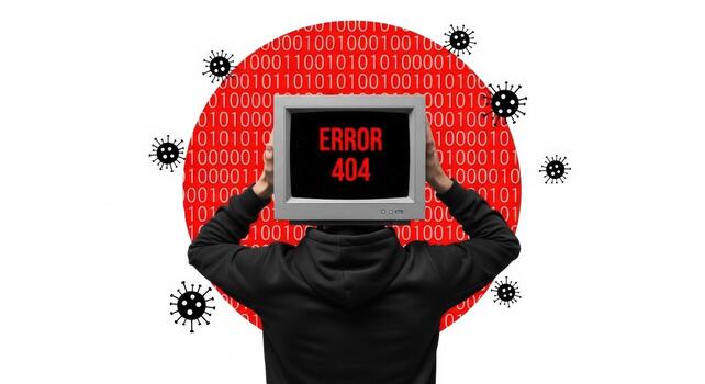 Person holding a monitor with error message in front of a binary code circle and virus icons photo