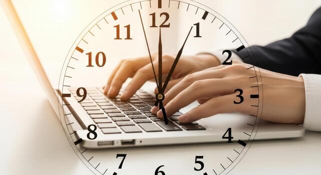 Hands typing on a laptop keyboard with a clock overlay indicating time management and deadlines photo