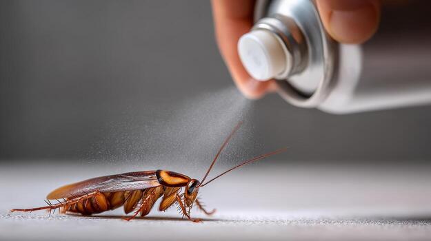 Spraying insecticide on a cockroach with a can of aerosol in a close up shot of pest control photo